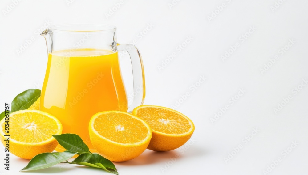 A refreshing image of a glass pitcher filled with bright orange juice, accompanied by three halved oranges and green leaves, evoking a sense of vitality and natural goodness. A refreshing image of a glass pitcher filled with bright orange juice, accompanied by three halved oranges and green leaves, evoking a sense of vitality and natural goodness.