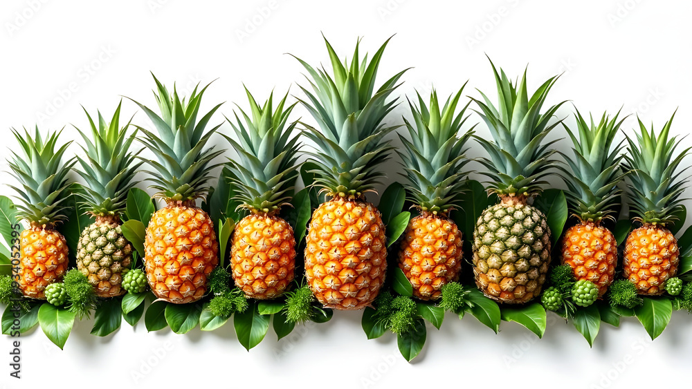 Fototapeta premium Pineapple in Different Color Stages Displaying Ripeness on White Background