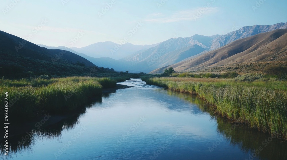 Serene River Flowing Through Mountain Valley Serene River Flowing Through Mountain Valley