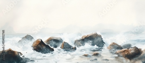 Watercolor artwork featuring rocks against a seascape backdrop ideal for displaying products or objects