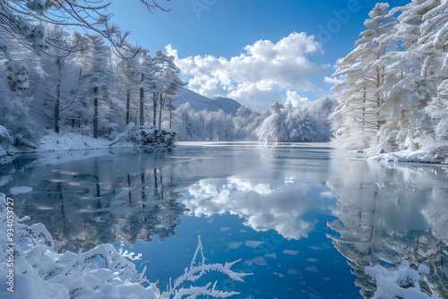 Serene Winter Wonderland: A Tranquil Lake Surrounded by Snow-Covered Trees