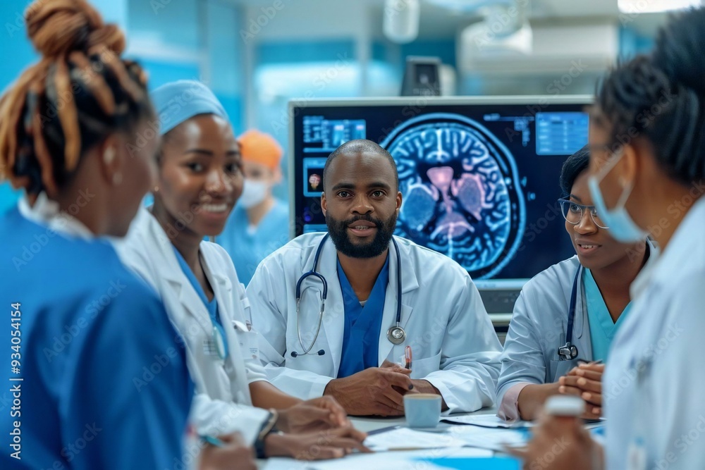 diverse team of neurologists, neuroscientists, and neurosurgeons meeting in a hospital lab to consult over a TV screen showing an MRI scan with brain images. They discuss treatment methods diverse team of neurologists, neuroscientists, and neurosurgeons meeting in a hospital lab to consult over a TV screen showing an MRI scan with brain images. They discuss treatment methods