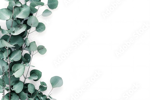 Beautiful eucalyptus leaves arranged on a white background, showcasing minimalist and natural design. Ideal for decor, wellness, and eco-friendly concepts.