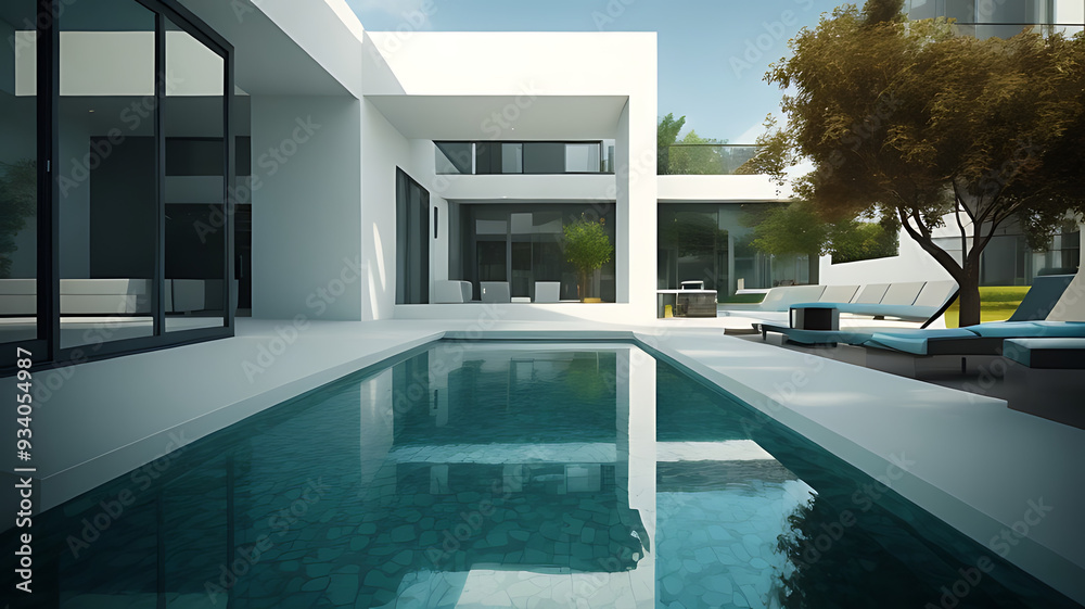 A spacious, modern swimming pool with a well-designed second floor overlooking it. A spacious, modern swimming pool with a well-designed second floor overlooking it.