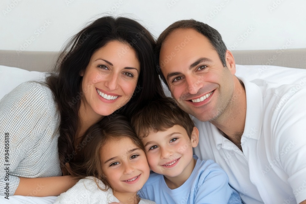 A smiling family of four posing closely together in a cozy home environment. A smiling family of four posing closely together in a cozy home environment.