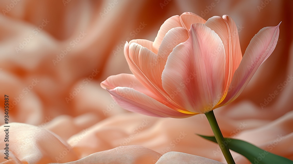 A single, delicate, pink tulip with a yellow center, stands tall against a blurred background of soft peach fabric. A single, delicate, pink tulip with a yellow center, stands tall against a blurred background of soft peach fabric.