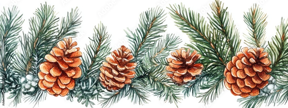 Watercolor and ink illustration of coniferous trees and pinecones designed for a festive theme Watercolor and ink illustration of coniferous trees and pinecones designed for a festive theme