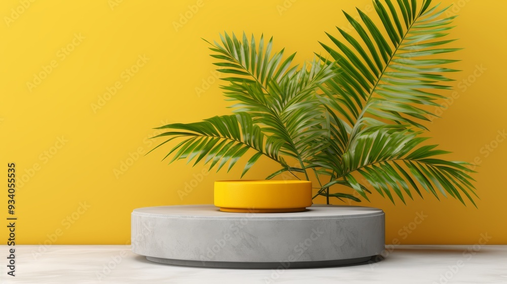 3d summer showcase podium with palm tree on yellow background for cosmetics presentation 3d summer showcase podium with palm tree on yellow background for cosmetics presentation