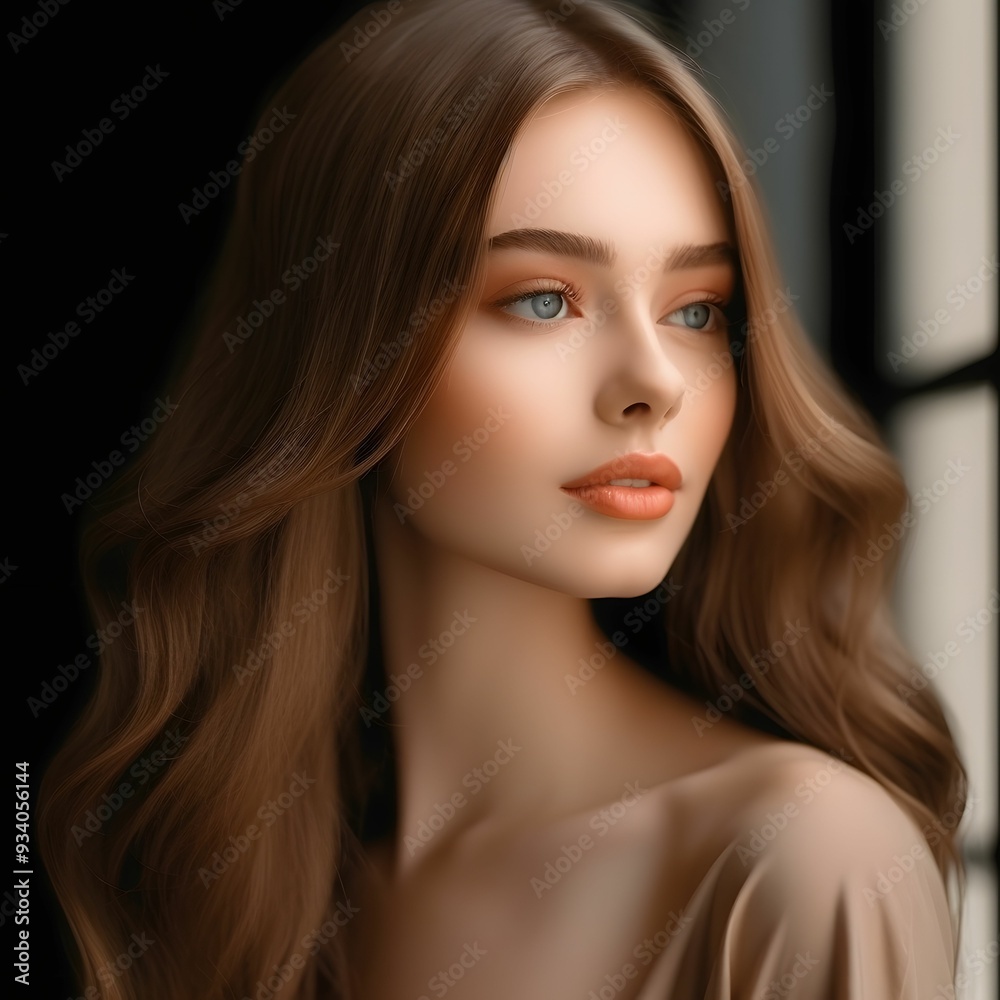 Portrait of a young woman with flowing hair gazing thoughtfully out of a window in soft natural light Portrait of a young woman with flowing hair gazing thoughtfully out of a window in soft natural light