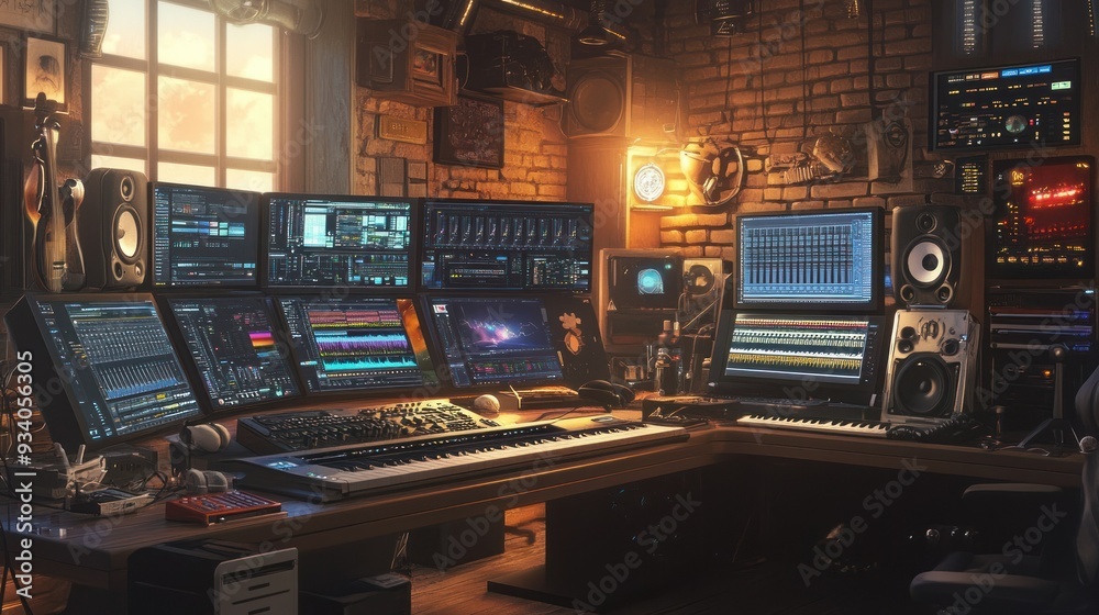 A Music Studio with Multiple Monitors, a Keyboard, and Sound Equipment