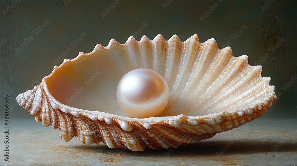 A single, lustrous pearl rests in the center of a scallop shell, its smooth surface reflecting the soft light.