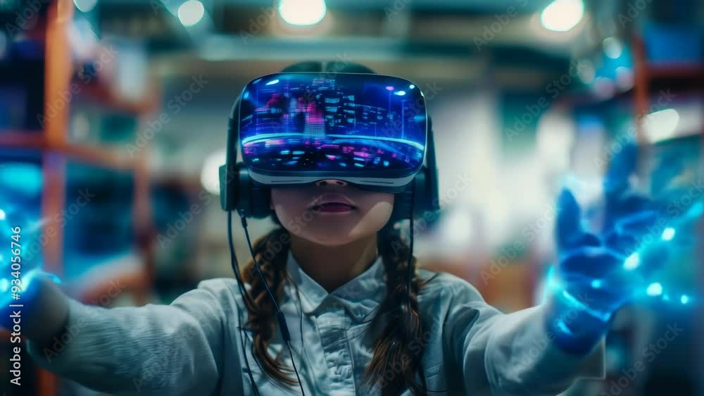 School Student Using VR Headset to Explore AI in Night Technology Class, Immersive Interactive Learning, Machine Learning Education Innovation School Student Using VR Headset to Explore AI in Night Technology Class, Immersive Interactive Learning, Machine Learning Education Innovation