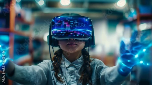 School Student Using VR Headset to Explore AI in Night Technology Class, Immersive Interactive Learning, Machine Learning Education Innovation