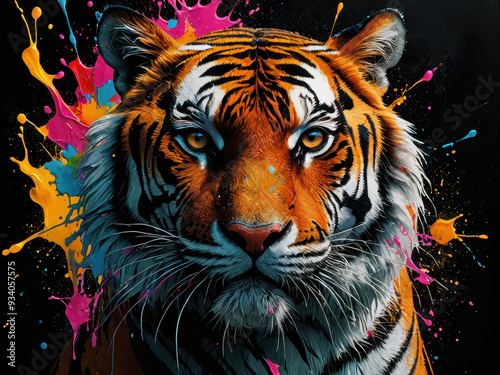 Colorful tiger head portrait with dynamic splashes of paint in a vibrant artistic style