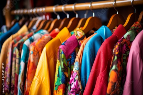 Detailed close up of bright and colorful vintage clothing collection in a wardrobe display