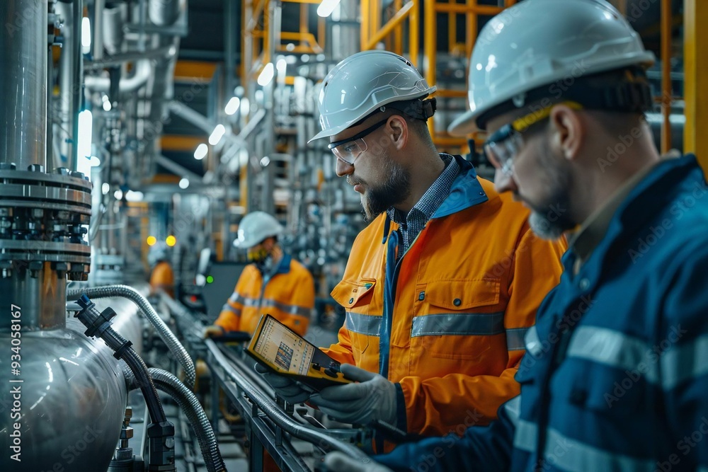 Photo idea: Close-up shot of engineers analyzing data on SCADA system while operators monitor and control the assembly process on a product line in a modern factory. Photo idea: Close-up shot of engineers analyzing data on SCADA system while operators monitor and control the assembly process on a product line in a modern factory.