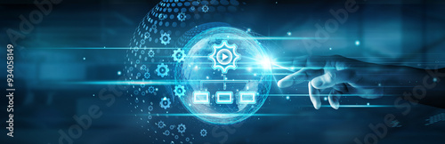 Hand touching global network connection and managing content through content management systems (CMS), ensuring seamless website updates, efficient collaboration, and streamlined digital workflows.