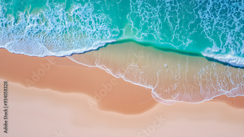 Fototapeta Naklejka Na Ścianę i Meble -  Summer seascape beautiful waves, blue sea water in sunny day. Top view from drone. Coast aerial amazing tropical nature background. Beautiful bright sea shore waves splashing, sandy beach concept. AI