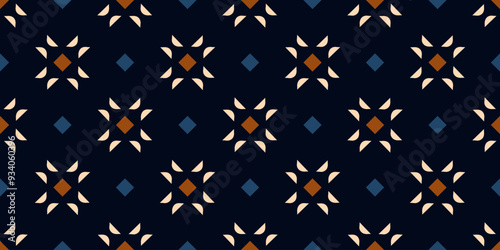 Elegant diamond pattern classic patchwork style stars background. Marine blue banner with small orange squares starry motif. Modern style fabric design textile swatch ladies dress allover print block