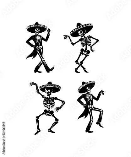 Set of Mexican silhouettes, dancing skeleton in Cinco de Mayo celebration isolated on white background