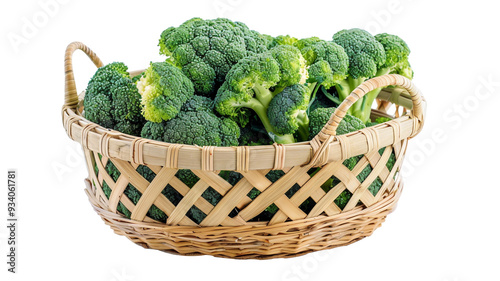 Fresh broccoli in a bamboo basket isolated on a transparent background. Generative AI