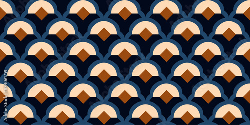 Elegant Japan waves pattern classic japanese background. Marine blue banner with white scales, small orange diamonds motif. Modern style fabric design textile swatch ladies dress all over print block

