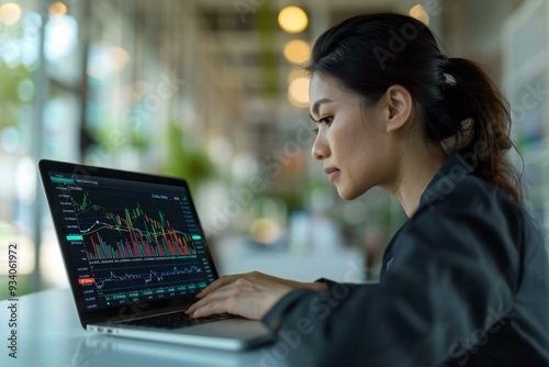 Close-up shot of a businesswoman sitting at a desk with a laptop open in front of her, displaying investment graphs and financial charts. She is focused on reading IPO analytics