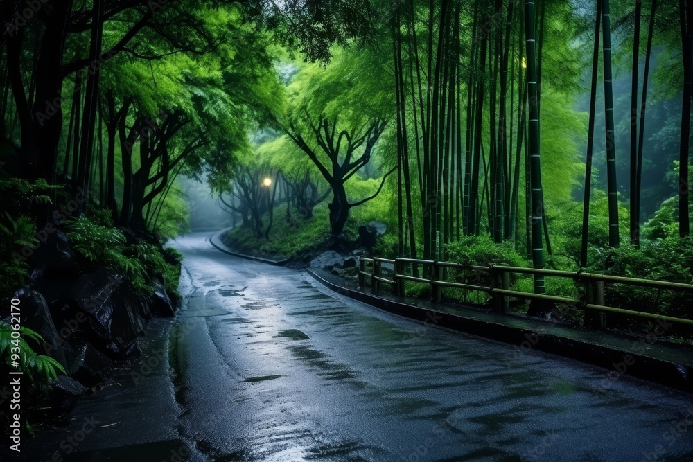 Serene Winding Path Through a Foggy Bamboo Forest Serene Winding Path Through a Foggy Bamboo Forest
