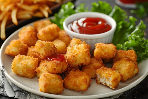 Crispy Golden Chicken Nuggets with Ketchup and Fresh Lettuce