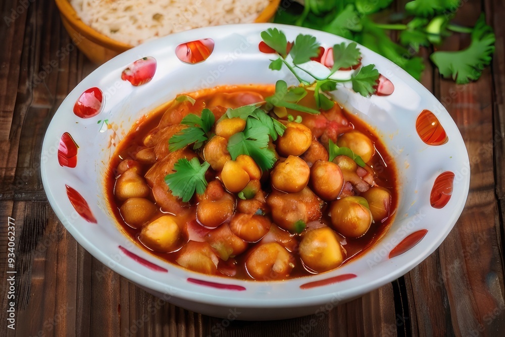 Street cuisine Chana masala in a large bowl, surrounded by white Street cuisine Chana masala in a large bowl, surrounded by white
