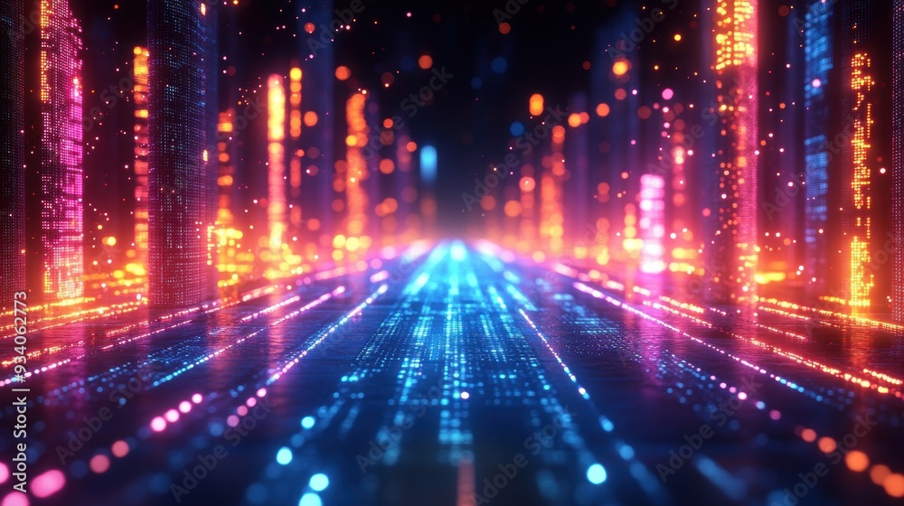 Futuristic Digital Cityscape with Neon Lights and Data Streams, High-Tech Urban Environment, Vibrant Colors, and Glowing Pathways Futuristic Digital Cityscape with Neon Lights and Data Streams, High-Tech Urban Environment, Vibrant Colors, and Glowing Pathways