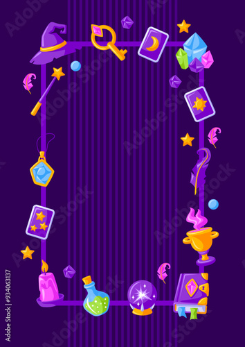 Frame with magic items. Witchcraft alchemy mystery elements.