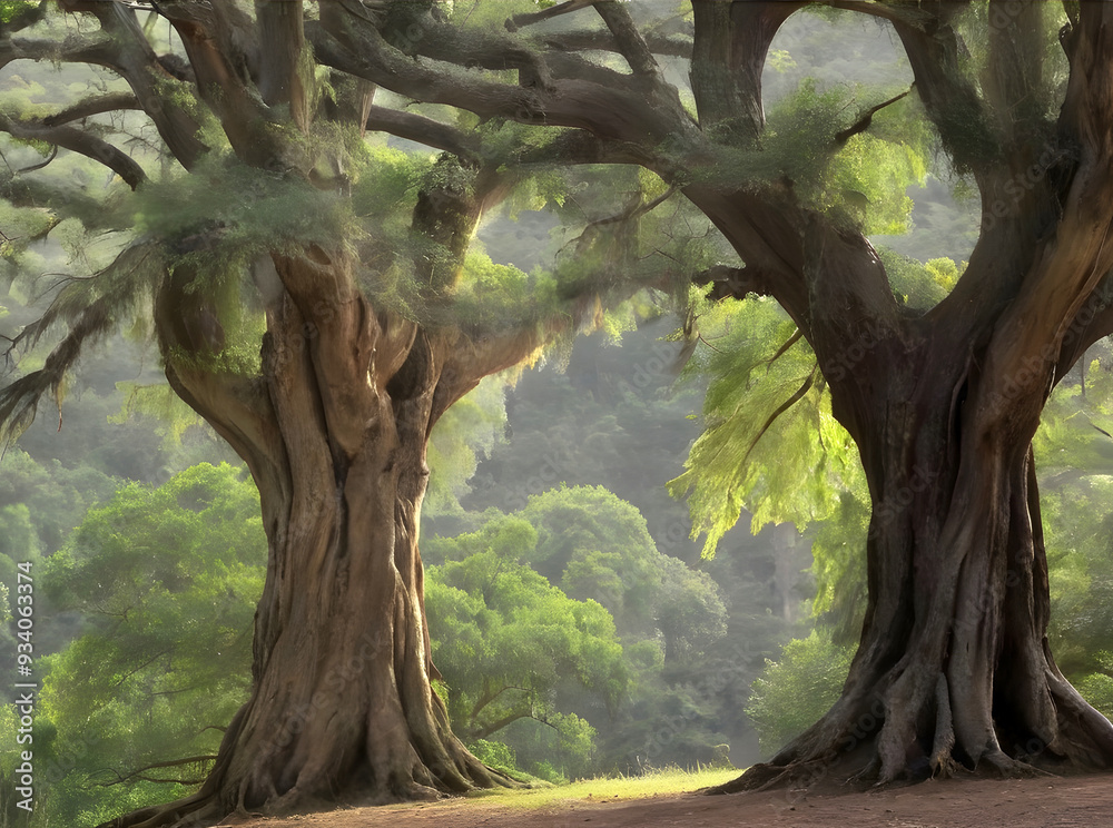 A couple of old trees that are next to each other A couple of old trees that are next to each other