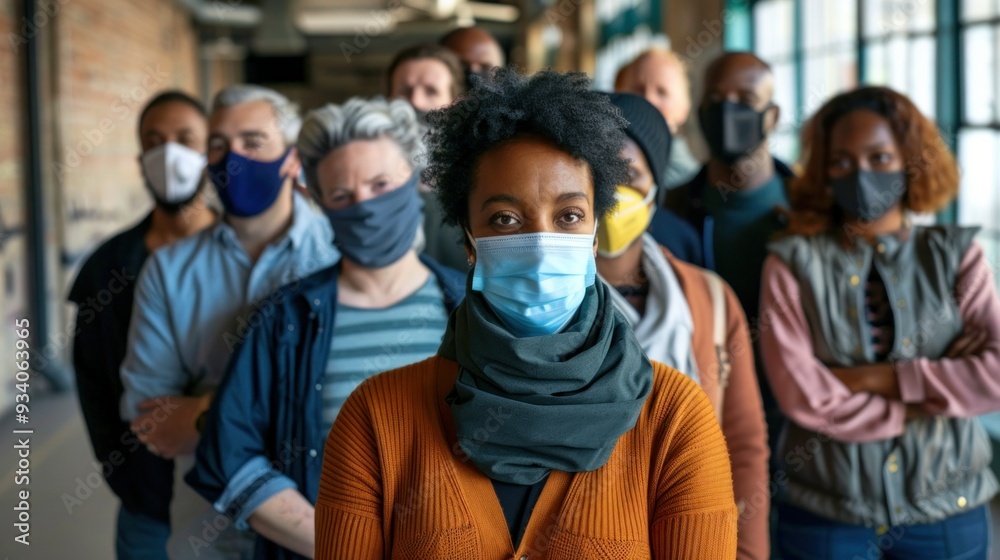 photograph of Multi-ethnic group of people standing in row and wearing masks at polling station on election day --ar 16:9 Job ID: 66aee944-3253-463b-9f75-18270be33975