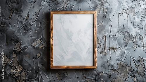 A sleek wooden frame mockup hanging on a textured gray wall with plenty of copy space on both sides for text or design elements