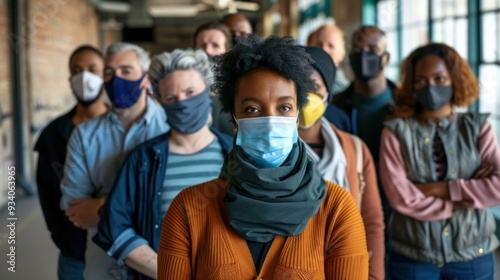 Wallpaper Mural photograph of Multi-ethnic group of people standing in row and wearing masks at polling station on election day --ar 16:9 Job ID: 66aee944-3253-463b-9f75-18270be33975 Torontodigital.ca