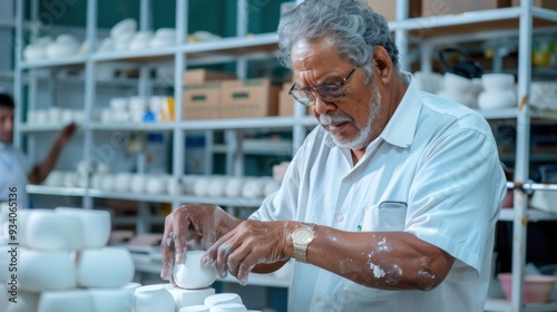 The Master's Touch: A seasoned artisan meticulously molds clay, his weathered hands reflecting years of dedication to the craft.  photo