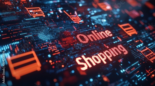 A typography design where "Online Shopping" appears as if made from digital pixels, with icons of sale tags and carts subtly integrated into the background.