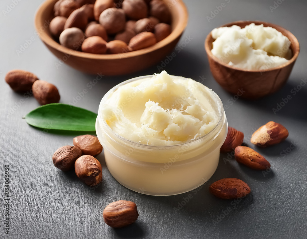 Organic Shea Butter Infused with Nuts on Elegant Grey Background Organic Shea Butter Infused with Nuts on Elegant Grey Background