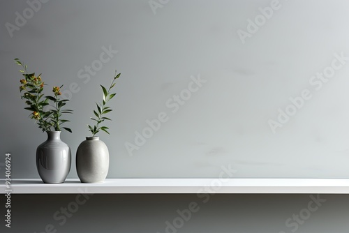 Clean and modern setting featuring an empty white shelf on a monochromatic grey wall, ideal for product mock up display
