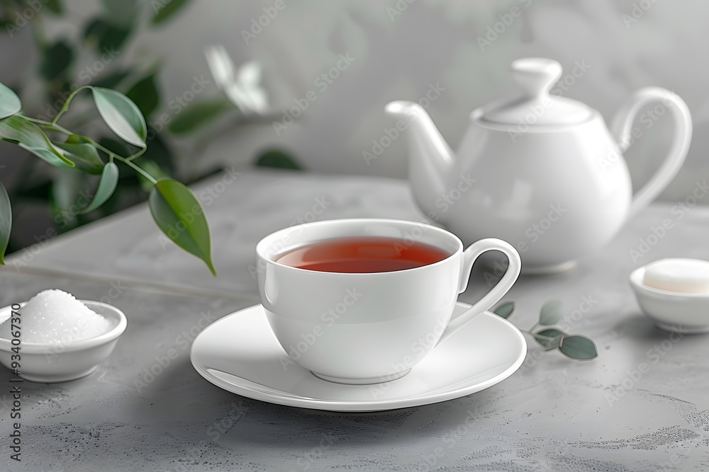 Serene Tea Time: A White Teacup and Teapot with Sugar and Leaves Serene Tea Time: A White Teacup and Teapot with Sugar and Leaves