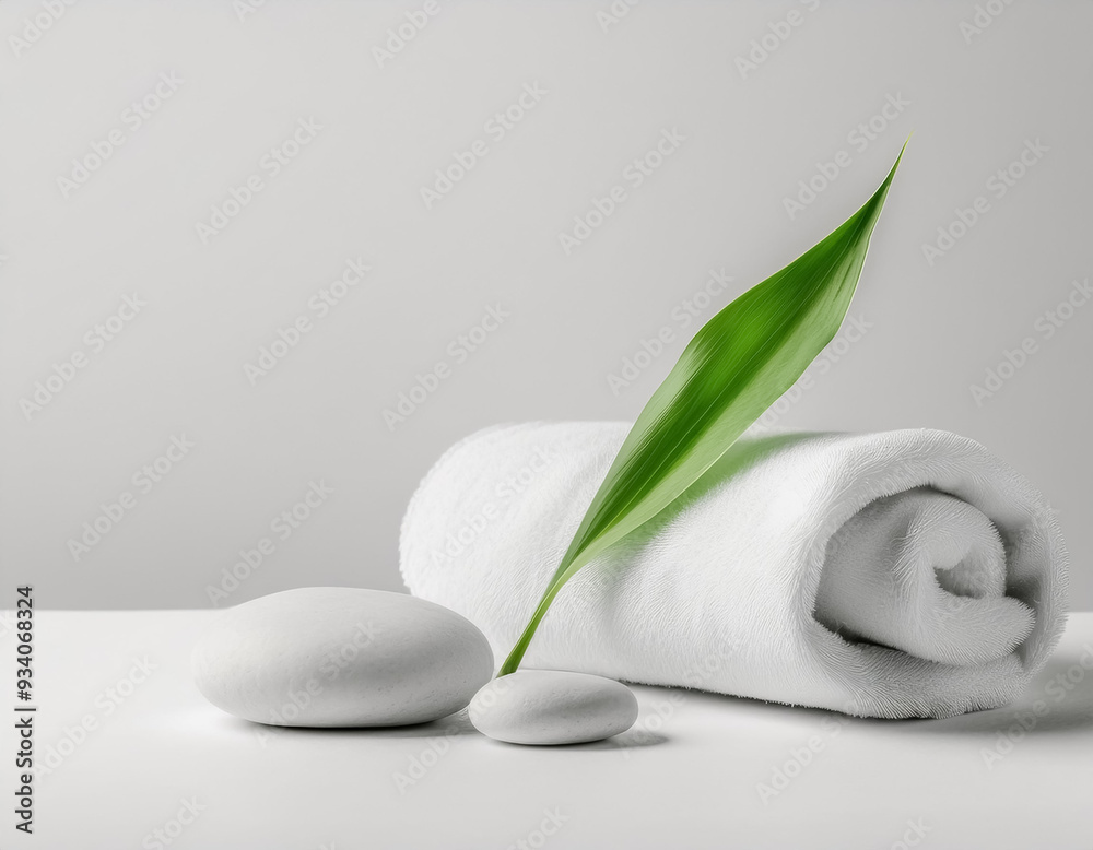 Tranquil Spa Setting Green Leaf Towel and White Stone Decor Tranquil Spa Setting Green Leaf Towel and White Stone Decor