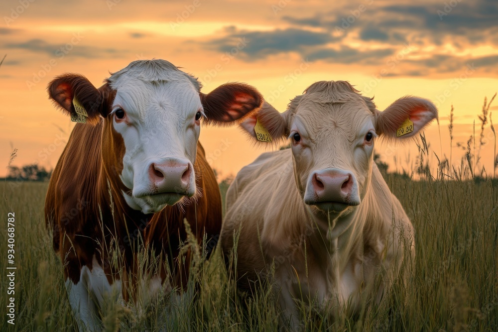 Two cows standing in a grassy field during sunset. Two cows standing in a grassy field during sunset.