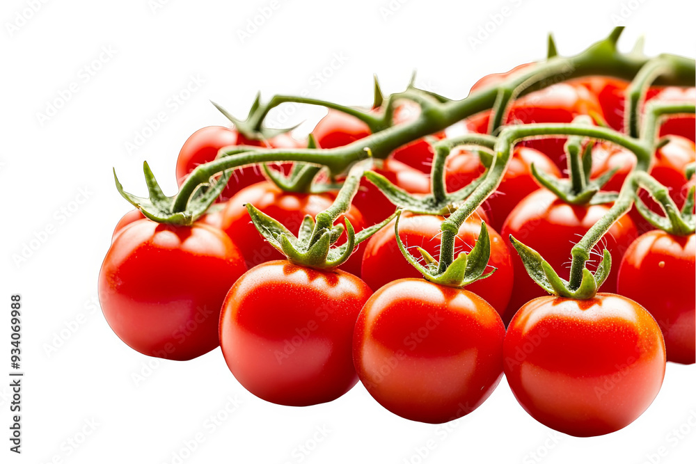 A cluster of fresh, red cherry tomatoes on a vine on a white transparent background A cluster of fresh, red cherry tomatoes on a vine on a white transparent background