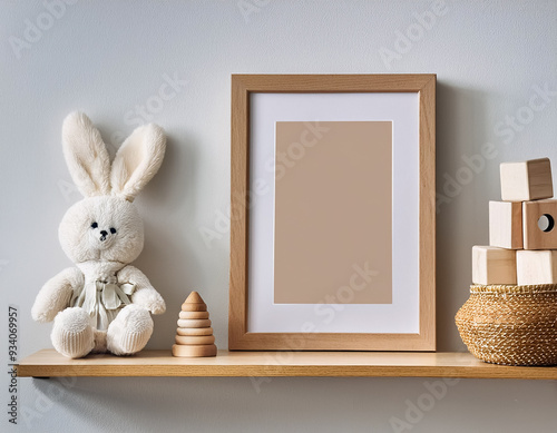 Modern Scandinavian Nursery Shelf with Mock Up Photo Frame, White Rabbit, and Toys