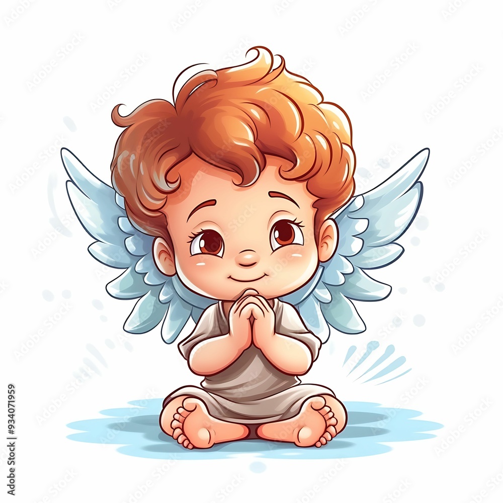 Cute angelic child with curly hair and wings sitting on the floor, hands together, smiling joyfully in a bright and whimsical setting Cute angelic child with curly hair and wings sitting on the floor, hands together, smiling joyfully in a bright and whimsical setting