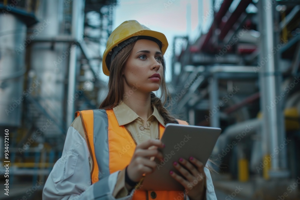 Beautiful female industrial engineer looking at data using laptop computer at construction site Beautiful female industrial engineer looking at data using laptop computer at construction site