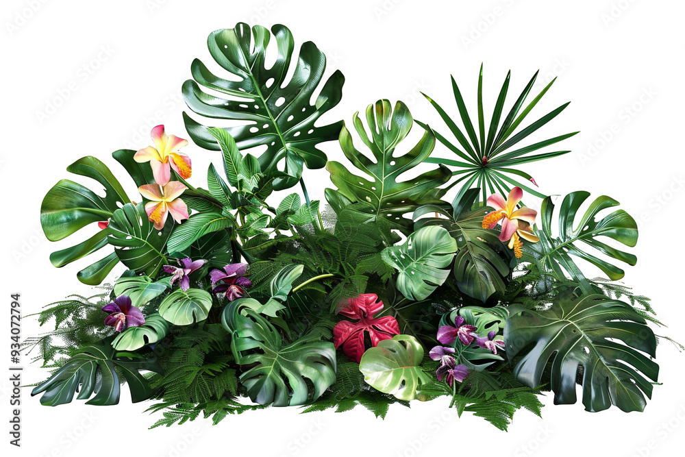 Lush green tropical foliage with vibrant pink and purple flowers on a white transparent background Lush green tropical foliage with vibrant pink and purple flowers on a white transparent background