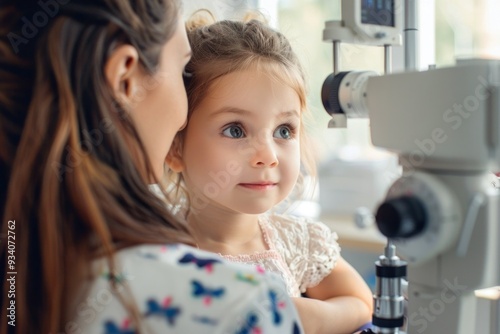 Cute little girl sitting on mother's lap During a health examination in an eye clinic Eye health check