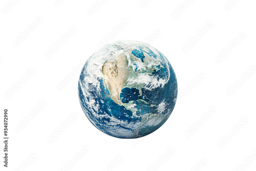 A detailed image of planet Earth, with clouds and continents visible, set on a white transparent background A detailed image of planet Earth, with clouds and continents visible, set on a white transparent background